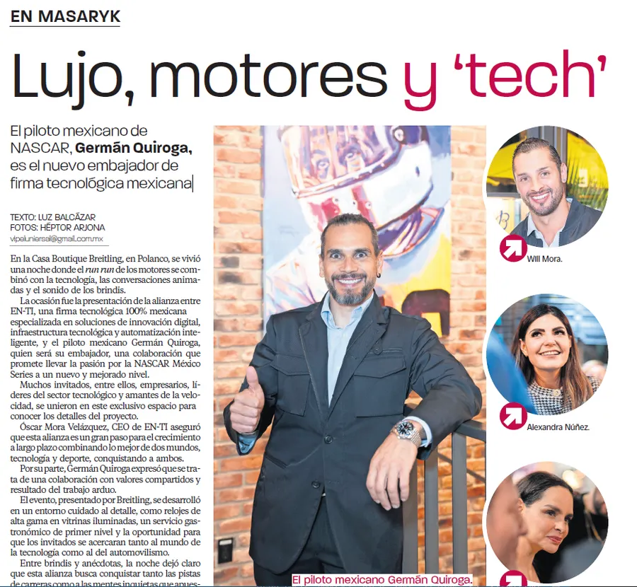 Lujo, motores y tech Germán Quiroga, es el nuevo embajador de ENTI